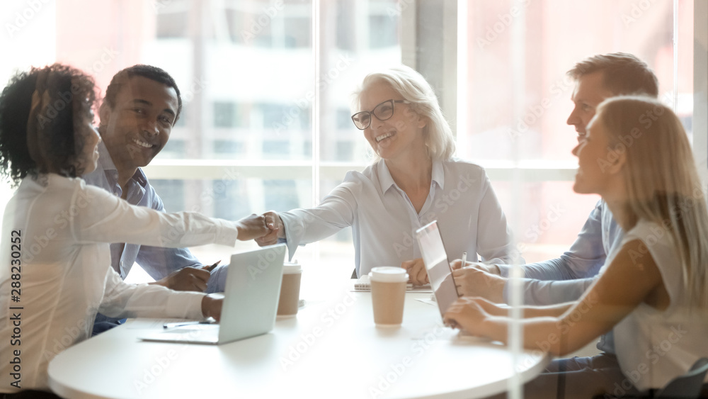 Αυτοκόλλητο Diverse business partners handshake get acquainted at briefing