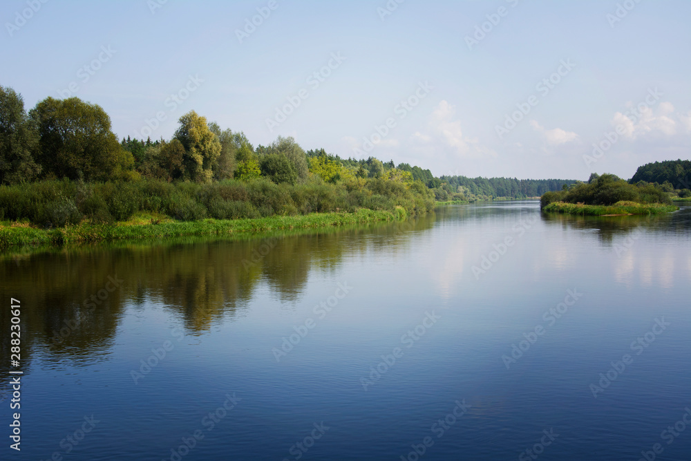 wide and deep forest river with an island