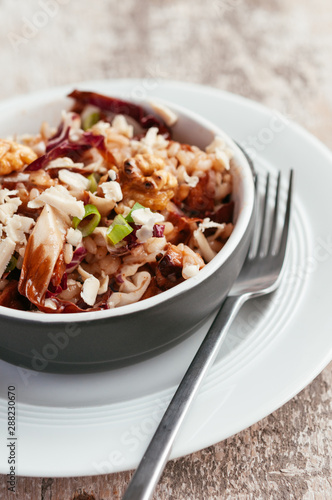Walnut Radicchio Risotto with Smoked Tofu Pieces