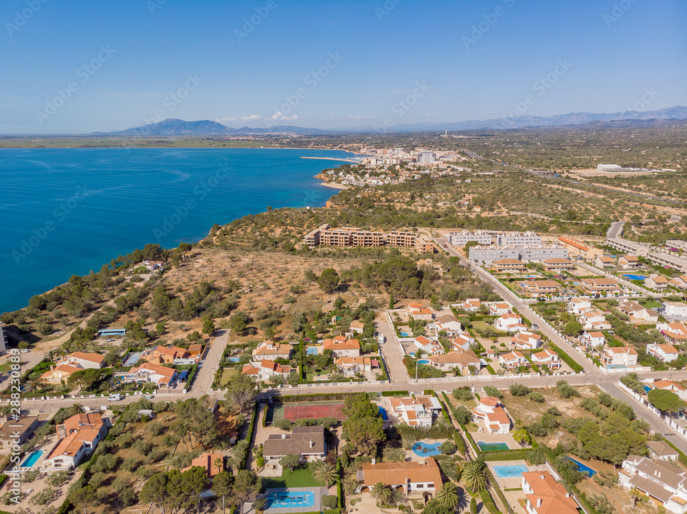 The view of L'Ampolla and Cap Roig. Drone aerial photo