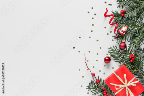 Christmas composition. Gift box christmas ball  and Santa Claus top view background with copy space for your text. Flat lay.