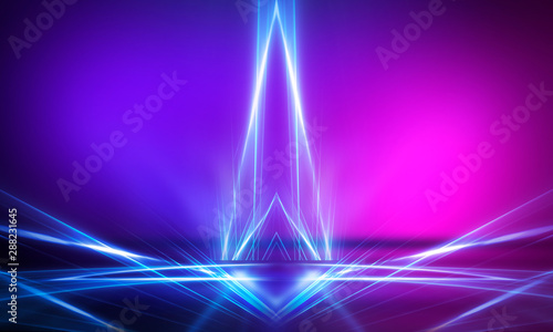  Ultraviolet abstract light. Diode tape, light line. Violet and pink gradient. Modern background, neon light. Empty stage, spotlights, neon. Abstract light.