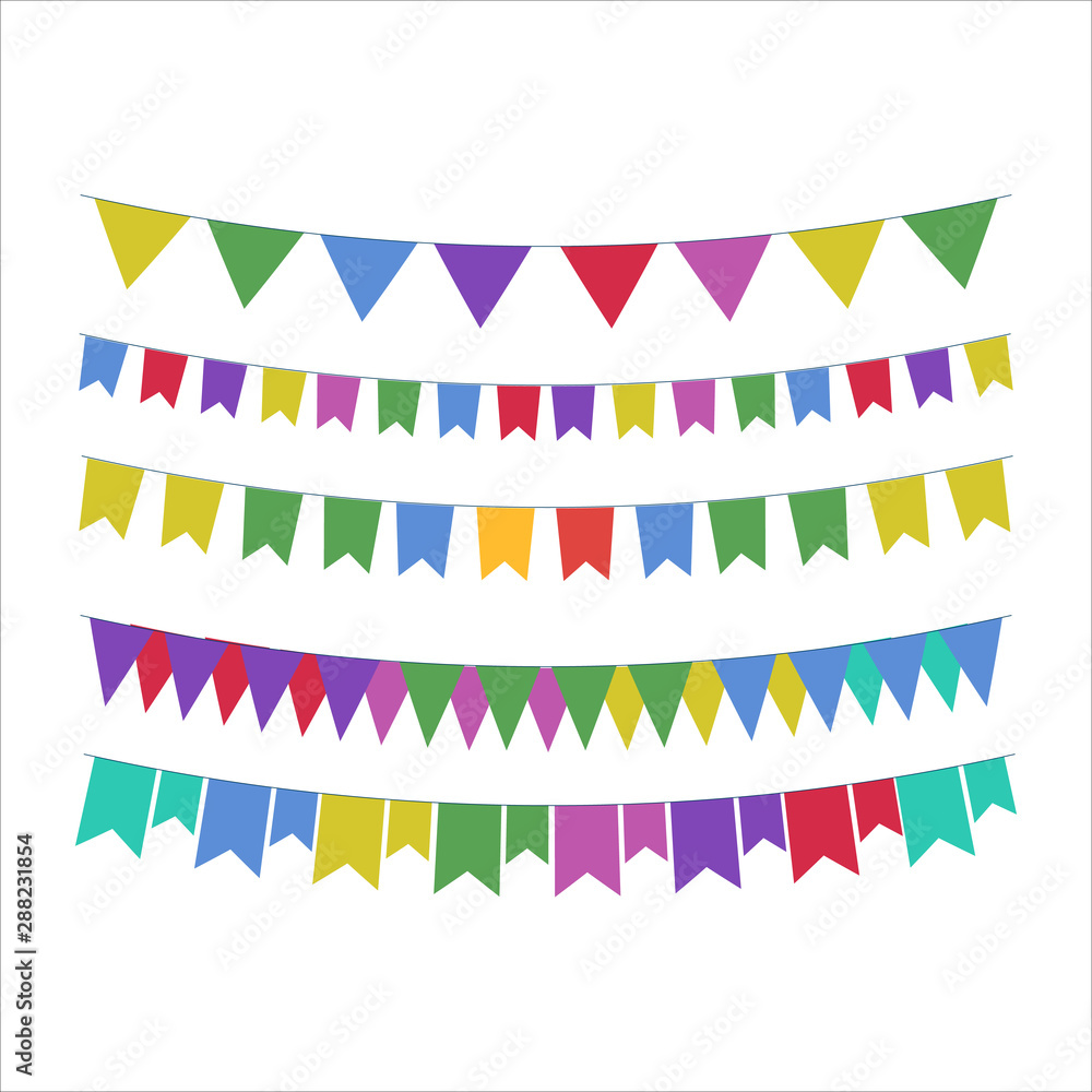 Fototapeta premium Multicolored bright buntings garlands isolated on white background.