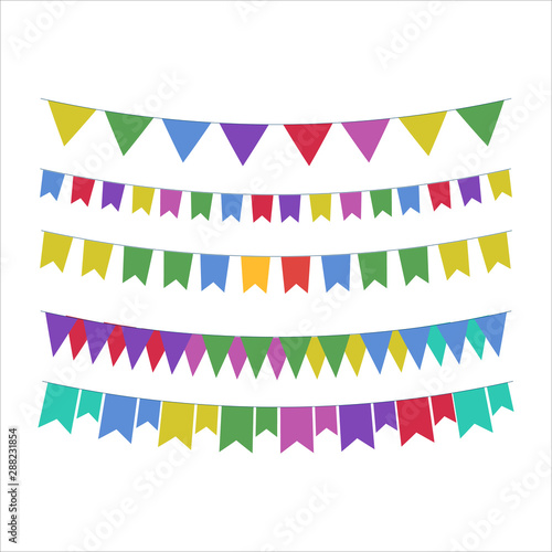 Multicolored bright buntings garlands isolated on white background.