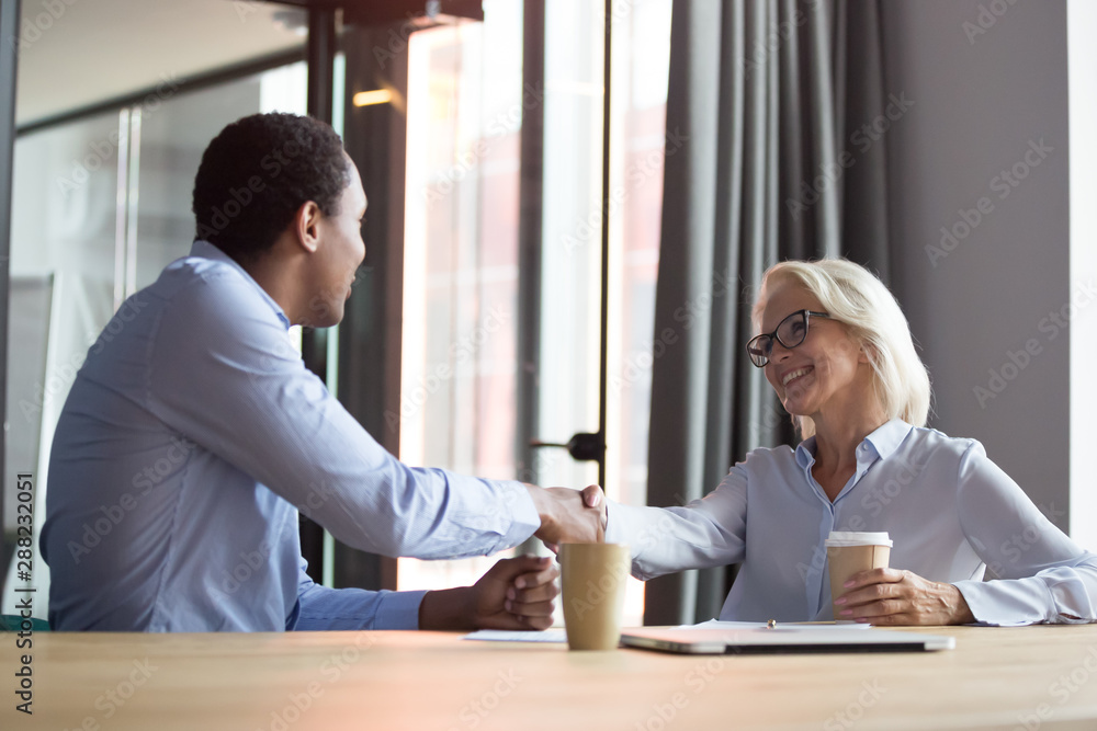 Smiling diverse colleagues handshake greeting at meeting Smiling diverse colleagues handshake greeting at meeting