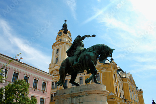Statue of Hunyadi Janos on main city Square of Pecs - Hungary. Pecs was one of european Capital of Culture.