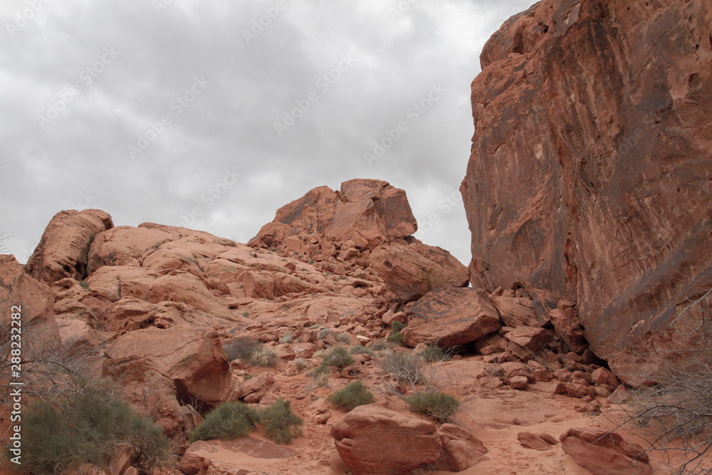 Desert canyon landscape with gray skies