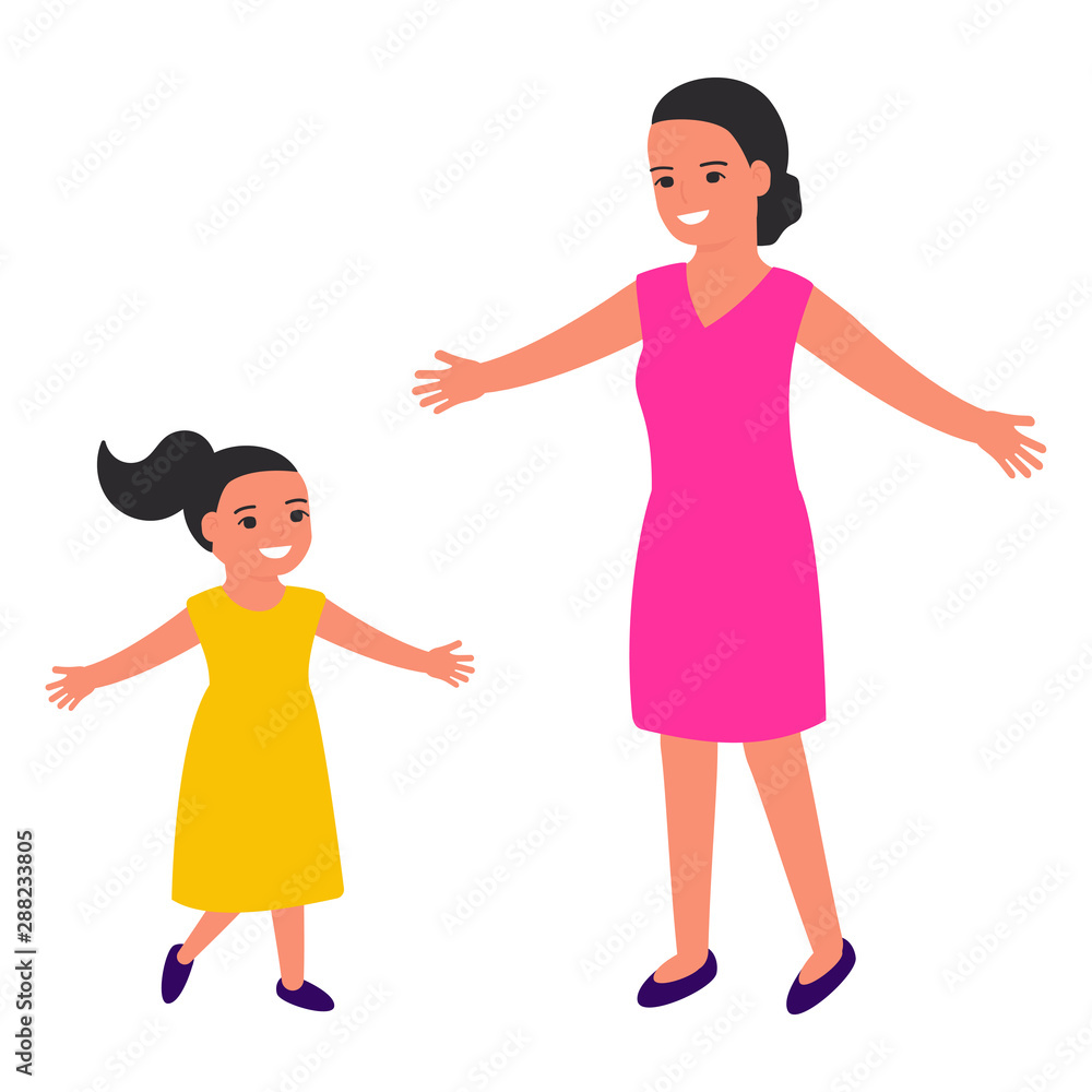 Mother and daughter with open arms. Happy young family portrait. Motherhood and childhood. Love mom. Vector illustration isolated Mother and daughter with open arms. Happy young family portrait. Motherhood and childhood. Love mom. Vector illustration isolated