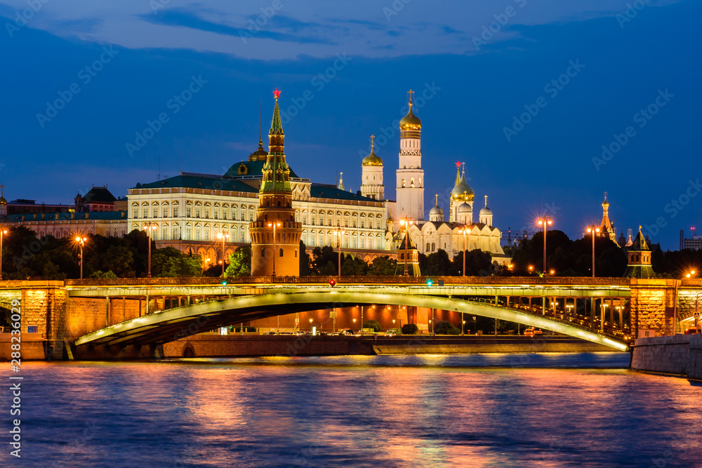 Sightseeing Of Moscow, Russia. The view of Moscow Kremlin and Moscow river. Beautiful night view.