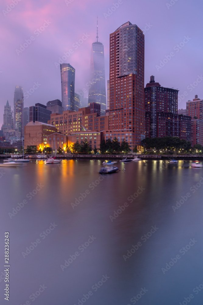 Financial District Yacht club on a foggy morning with long exposure