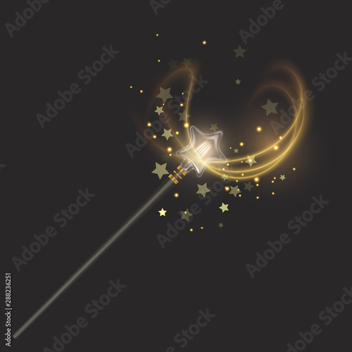 Magic wand on dark background, beautiful light effects with magical sparkle glittering texture