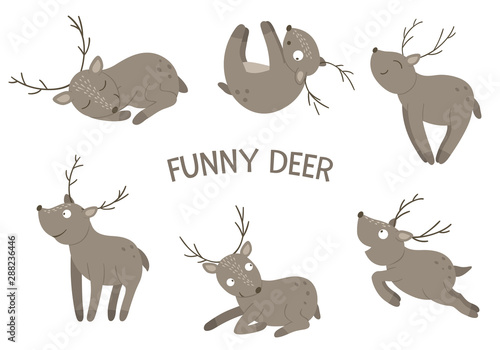 Vector set of cartoon style hand drawn flat funny deer in different poses. Cute illustration of woodland animals for children   s design. .