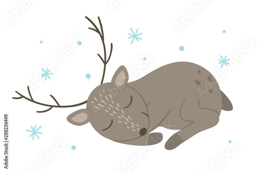 Vector hand drawn flat sleeping deer with snowflakes. Funny winter scene with woodland animal. Cute forest animalistic illustration for children’s design, print, stationery.