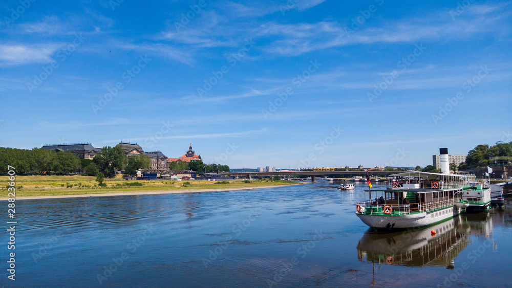 Elbe river dresden boat and bridge