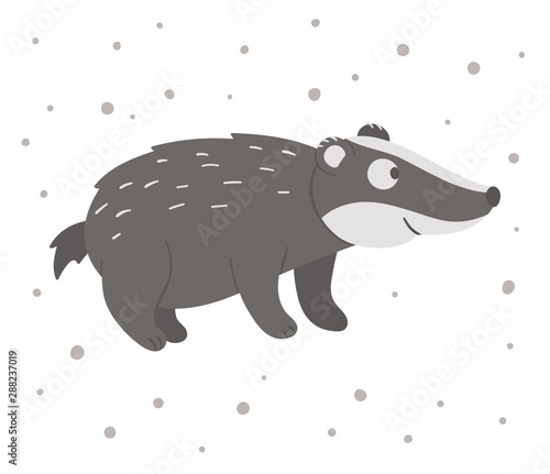 Vector hand drawn flat badger. Funny woodland animal. Cute forest animalistic illustration for children’s design, print, stationery.