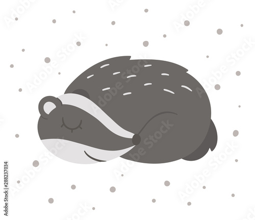 Vector hand drawn flat sleeping badger. Funny woodland animal. Cute forest animalistic illustration for children’s design, print, stationery.