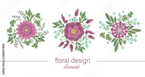 Set of vector floral round decorative elements. Flat trendy illustration with flowers, leaves, branches. Meadow, woodland, forest clip art collection. Beautiful spring or summer garden bouquet