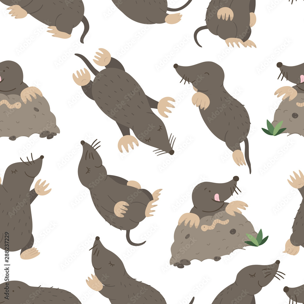 Fototapeta premium Vector seamless pattern of hand drawn flat funny moles in different poses. Cute repeat background. Sweet animalistic ornament for children’s design. .