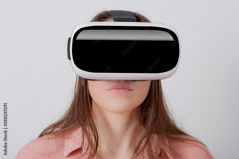Woman using VR on white background. Woman using VR on white background.