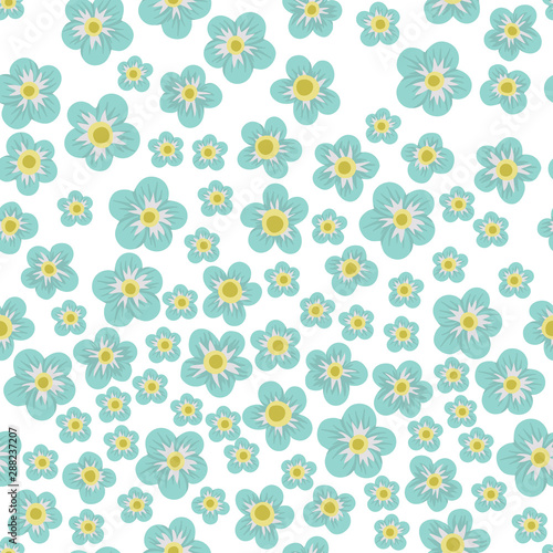 Vector blue floral seamless texture on white background. Hand drawn flat simple trendy illustration with flowers and leaves. Repeating pattern with meadow, garden, forest plants..