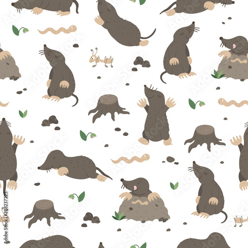 Vector seamless pattern of hand drawn flat funny moles in different poses. Cute repeat background with worm, ant, stump, stones, insects. Sweet animalistic ornament for children’s design. .