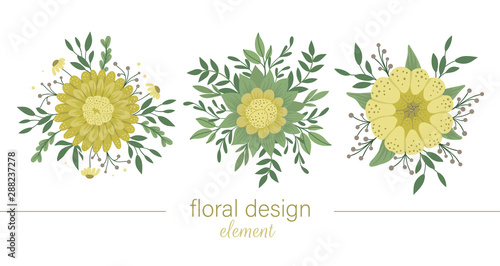 Fototapeta Naklejka Na Ścianę i Meble -  Set of vector floral round yellow decorative elements. Flat trendy illustration with flowers, leaves, branches. Meadow, woodland, forest clip art collection. Beautiful spring or summer garden bouquet 
