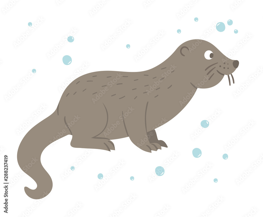 Obraz premium Vector hand drawn flat otter. Funny woodland animal. Cute forest animalistic illustration for children’s design, print, stationery.