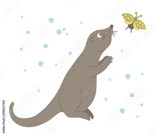 Vector hand drawn flat otter catching a ladybug. Funny woodland animal. Cute forest animalistic illustration for children’s design, print, stationery.