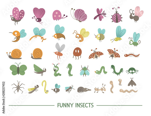 Set of vector hand drawn flat insects. Funny bugs collection. Cute forest illustration with butterflies, bees, caterpillars for children’s design, print, stationery.