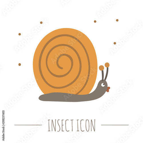 Vector hand drawn flat crawling snail. Funny woodland mollusk icon. Cute forest animalistic illustration for children’s design, print, stationery.