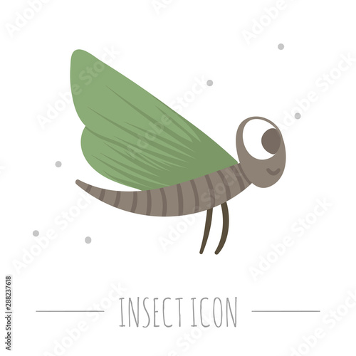 Vector hand drawn flat flying green insect. Funny woodland fly icon. Cute forest animalistic illustration for children’s design, print, stationery.