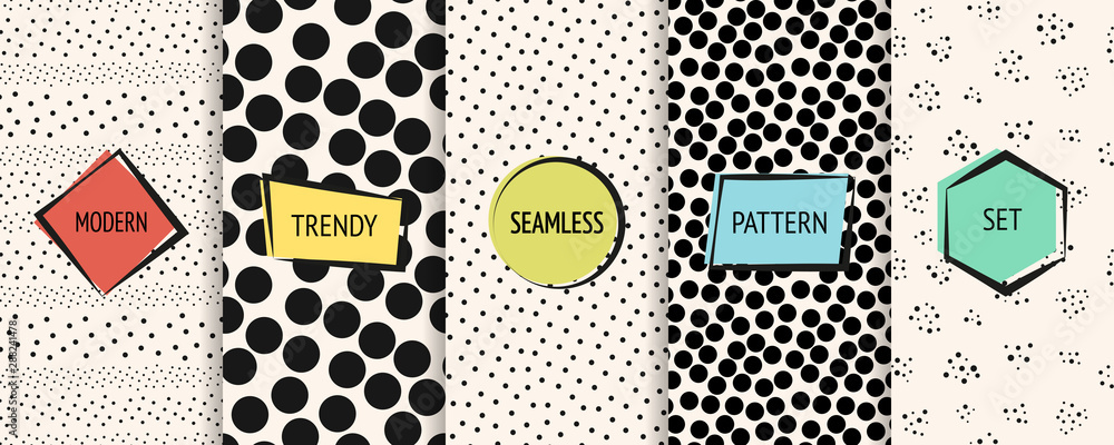Polka dot patterns collection. Vector geometric seamless textures with chaotic circles, dots, spots. Set of black and white minimal abstract dotted background swatches with modern colorful labels - obrazy, fototapety, plakaty 