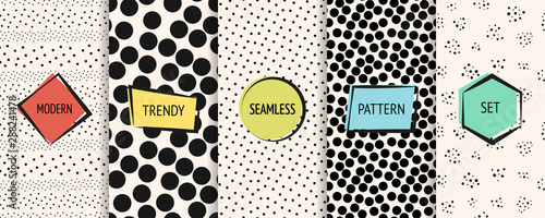 Polka dot patterns collection. Vector geometric seamless textures with chaotic circles, dots, spots. Set of black and white minimal abstract dotted background swatches with modern colorful labels