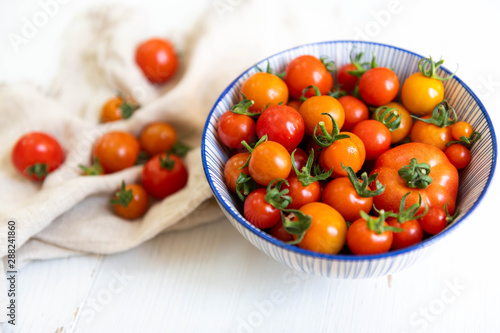 Freshly Picked Various Tomatoes in Blue Striped Bowl