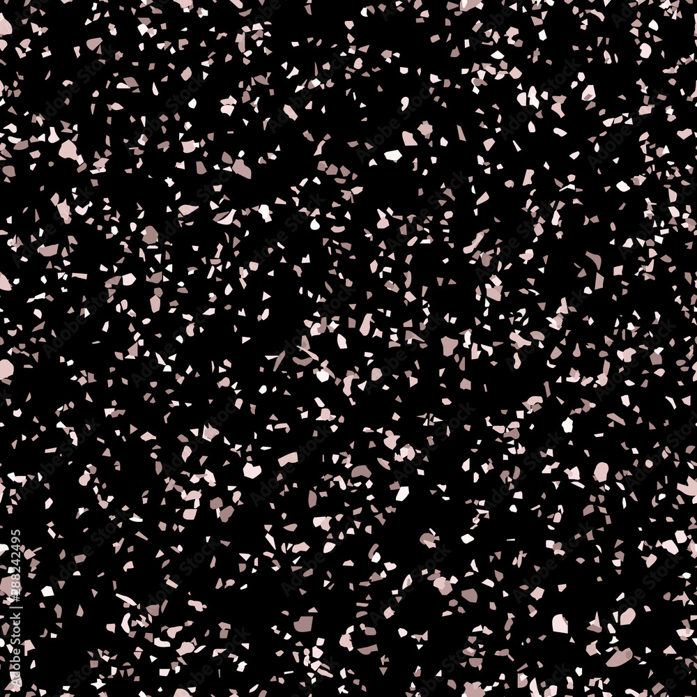 Rose gold terrazzo texture. Vector seamless pattern with gold confetti on black