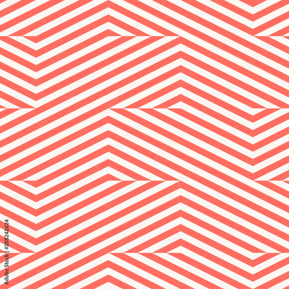 Vector geometric lines seamless pattern. Modern texture with diagonal stripes, broken lines, chevron, zigzag. Simple abstract geometry. Coral and white graphic background. Trendy repeating design Vector geometric lines seamless pattern. Modern texture with diagonal stripes, broken lines, chevron, zigzag. Simple abstract geometry. Coral and white graphic background. Trendy repeating design
