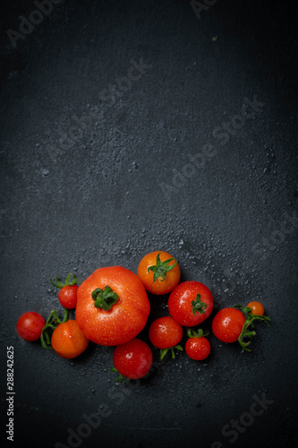 Freshly Picked Various Tomatoes on Dark Background with Room for Text