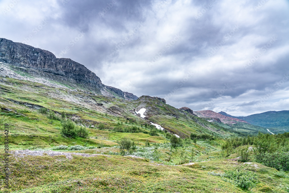 Panoramic overview over mountain range slopes with some old snow spots, stones, grass and downy birches trees, summer time at Norwegian mountains. Heavy clouds, clean air, wilderness, no people