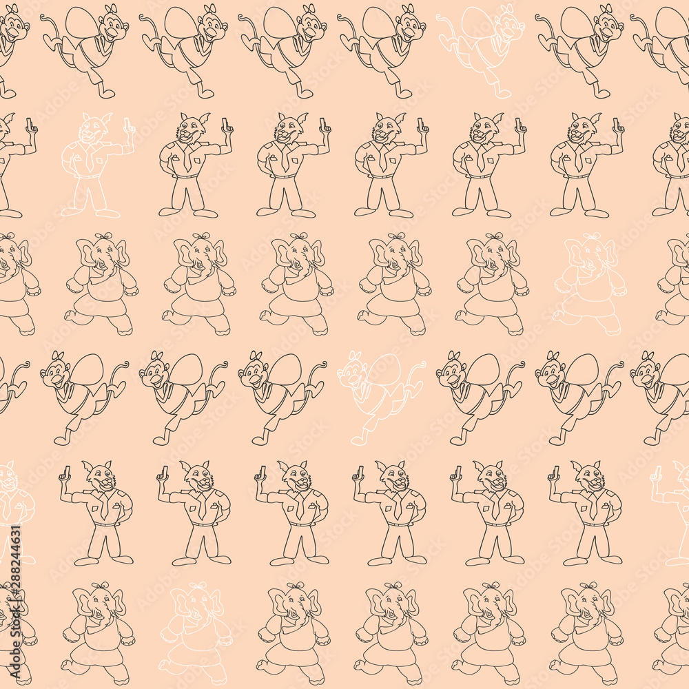 Vector peach with black and white horizontal anthropomorphic characters seamless pattern background