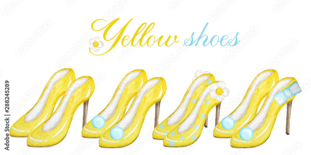 yellow fashion women's shoes on the high heels. Painted hand-drawn watercolor Illustration isolated on a white background. Smart luxury lady shoe collection. yellow fashion women's shoes on the high heels. Painted hand-drawn watercolor Illustration isolated on a white background. Smart luxury lady shoe collection.
