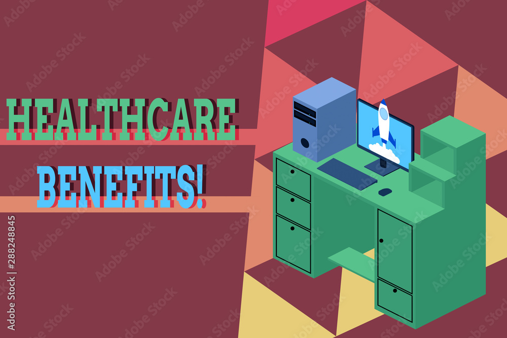 Word writing text Healthcare Benefits. Business photo showcasing monthly fair market valueprovided to Employee dependents Working desktop station drawers personal computer launching rocket clouds
