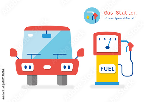 Red car and gas station fuel pump flat vector isolated