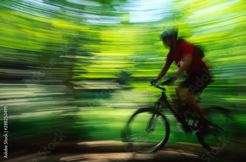 Young man mountain biking in a forest, Stowe, VT, USA