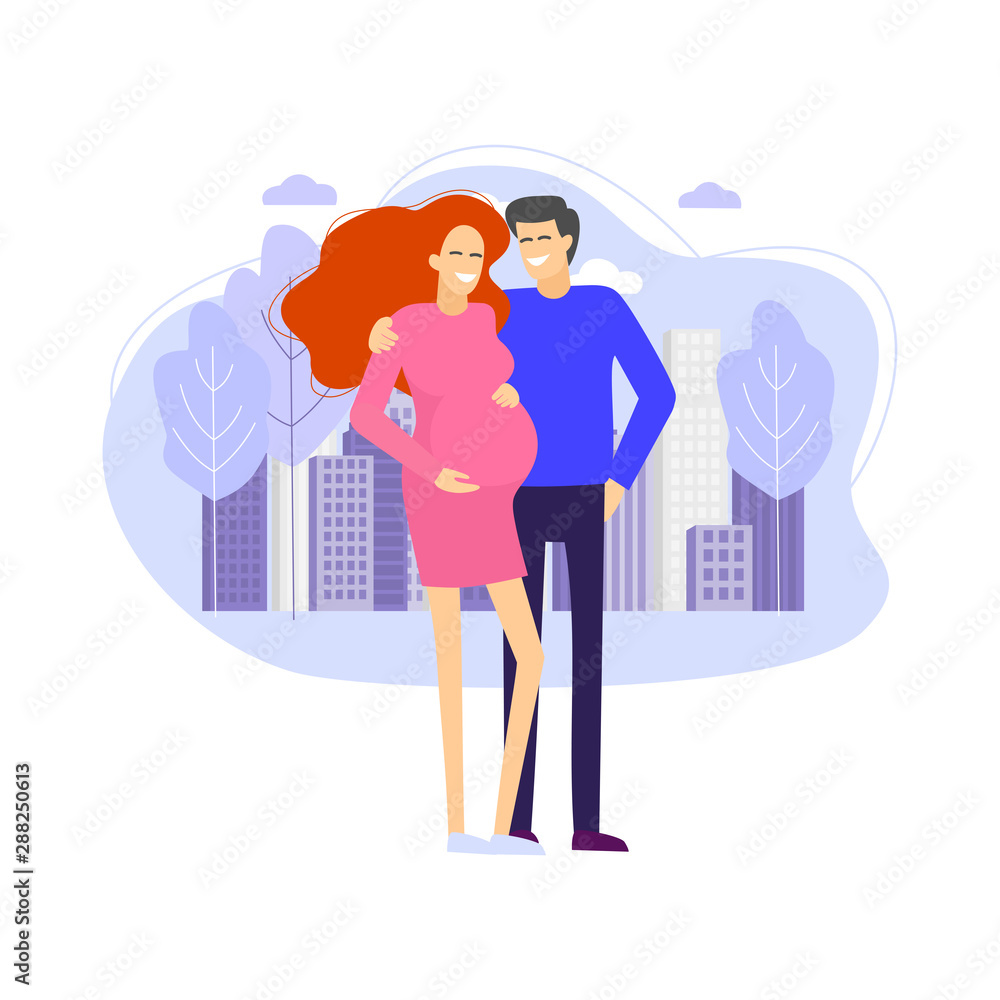 Pregnant wife and her husband. Pregnant couple on the background of the city. Young happy couple hugging vector Pregnant wife and her husband. Pregnant couple on the background of the city. Young happy couple hugging vector