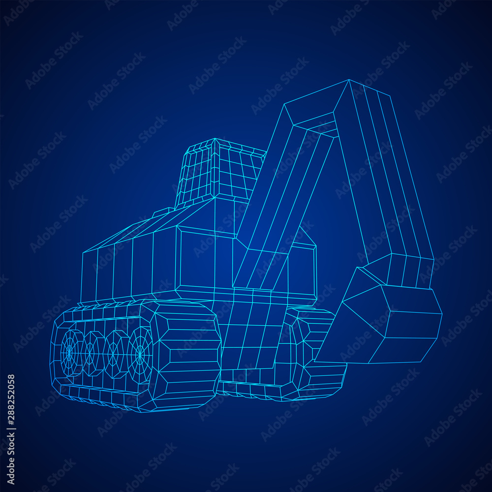 Excavator heavy equipment construction company. Wireframe low poly mesh vector illustration Excavator heavy equipment construction company. Wireframe low poly mesh vector illustration