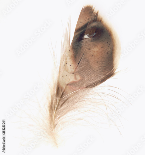 Beautiful woman with feather, double exposure, overlay, can be used as background