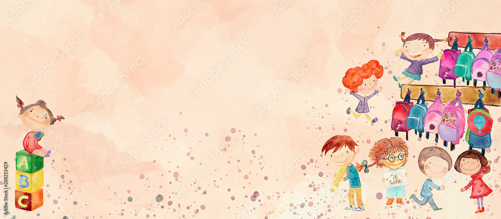 Kindergarten. Watercolor banner for children - obrazy, fototapety, plakaty 