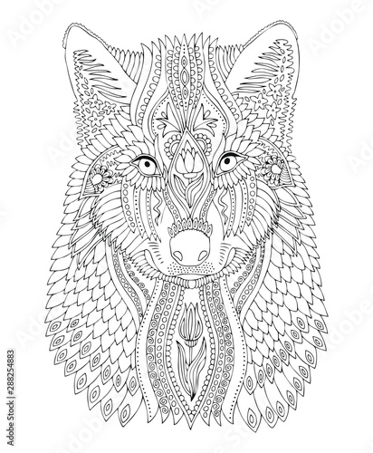 Wolf head. Hand drawn picture. Sketch for antistress adult coloring book. Vector illustration  for coloring page, isolated on white background. Template for poster, t-shirt or tattoo.