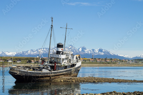 Beached ship on Ushuaia port  Argentina landscape