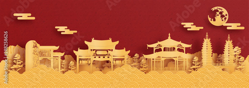 Panorama postcard and travel poster of world famous landmarks of Kunming  China in paper cut style vector illustration